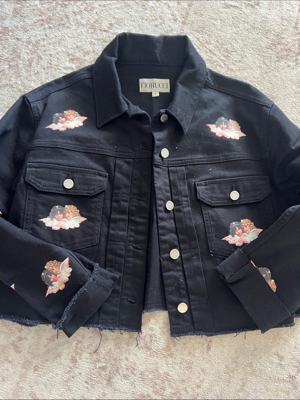 Fiorucci Black Jean Jacket with Angel Motifs